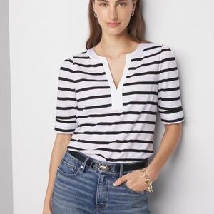 White House Black Market Black and White Striped pleated Tee xs nwt